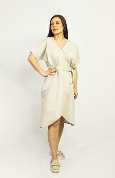 Our linen dress may become one of your favorites in your wardrobe because of the elegant and flowing wrap fit. The dress with side pockets - comfortable style and suitable for every occasion (day and night) with wide sleeves, deep V-neckline, long... Gray Linen, Wide Sleeves, Linen Dress