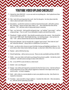 a red and white chevron background with the words youtube video upload checklist