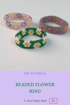 three beaded flower rings with text overlay that reads diy tutorial beaded flower ring