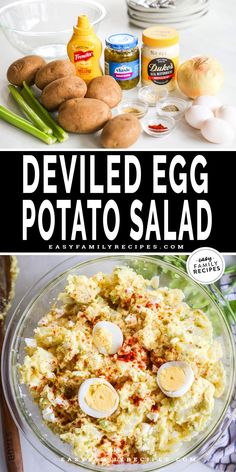 deviled egg potato salad in a glass bowl with the title above it that reads deviled egg potato salad