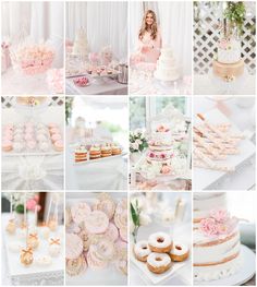 a collage of pink and white desserts, cakes, and cupcakes