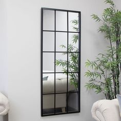 a mirror hanging on the wall next to a plant