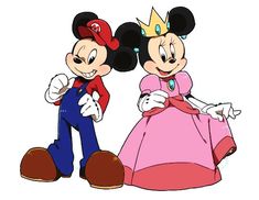 mickey and minnie mouse standing next to each other