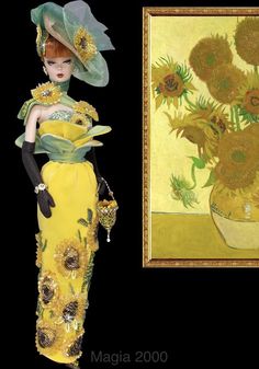 a woman in a yellow dress and hat next to a painting with sunflowers on it