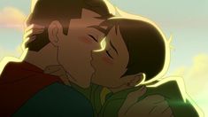 an animated image of two people kissing each other in front of a sky with clouds