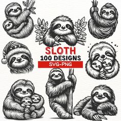 hand drawn sloth illustrations in black and white with red text that says sloth 100 designs svg - png