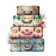 three suitcases are stacked on top of each other with flowers and leaves painted on them