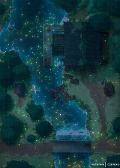 an aerial view of a city with lots of trees and lights in the night sky