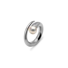 NUOVA bypass ring with White Pearl in stainless steel by Taormina Jewelry Modern Pearl Open Ring With Polished Finish, Modern Pearl Open Ring For Anniversary, Modern Open Pearl Ring For Anniversary, Modern White Gold Bypass Ring For Formal Occasions, Modern Wedding Pearl Ring, Modern Silver Pearl Open Ring, Modern Silver Pearl Ring With Polished Finish, Modern White Gold Pearl Ring With Polished Finish, Modern White Gold Pearl Ring For Anniversary