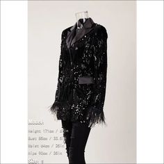 Indulge in the ultimate expression of elegance with our Black In Style Rhinestone Feather Detailed Blazer. Impeccably crafted with intricate feather detailing and sparkling rhinestones, this blazer exudes glamour and sophistication. Make a statement and elevate your style with this luxurious piece. Decoration Button , Pockets , Feathers , Sequined Fabric Type Blended fabrics , Sequin Material Polyester , Lanon Neckline Suit Collar Pattern Type Solid Sleeve Length Full Season Winter , Spring / Autumn Fabric Non-Stretch Luxury Rhinestone Blazer For Parties, Glamorous Party Blazer With Rhinestones, Luxury Party Blazer With Rhinestones, Luxury Rhinestone Party Blazer, Luxury Sequined Blazer For Night Out, Luxury Sequined Party Blazer, Elegant Party Blazer With Feather Trim, Fall Party Blazer With Feather Trim, Elegant Feathered Blazer For Formal Occasions