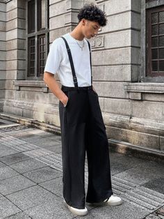 Young Men's Casual Loose Fit Woven Suspender Pants Black Casual  Sleeveless Woven Fabric Plain Wide Leg Non-Stretch  Men Clothing, size features are:Bust: ,Length: ,Sleeve Length: Suspenders Men Fashion, Strap Pants, Suspenders Men, Suspender Pants, Jumpsuit Men, Man Weave, Short Sleeve Jumpsuits, Casual Jumpsuit, Women's Shapewear