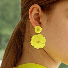 Yellow Double Flower Stud Earrings Flower Decoration Drop Earrings For Summer, Spring Flower Earrings For Pierced Ears, Yellow Flower Earrings For Party, Elegant Yellow Flower Earrings For Summer, Yellow Flower-shaped Earrings For Party, Yellow Spring Earrings, Summer Flower Earrings, Yellow Flower-shaped Jewelry For Spring, Spring Yellow Flower-shaped Jewelry