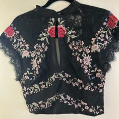 Free People Sheer Lace Crop Top. Never Worn, New With Tags. Black Floral Print Crop Top For Party, Chic Black Tops With Floral Embroidery, Black Top With Floral Embroidery For Night Out, Black Tops With Floral Embroidery For Night Out, Black Spring Crop Top, Black Blouse With Floral Embroidery For Night Out, Tiered Tops, Boho Tunic Tops, Lace Tee