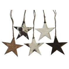 four wooden stars hanging from twine with cowhides on each one and rope