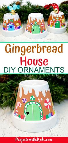 These gingerbread ornaments are absolutely adorable for kids (and adults!) to make! All you need are a few simple supplies to transform mini clay pots into sweet gingerbread houses. #projectswithkids #christmas #gingerbreadhouse #christmascrafts #kidscrafts #diyornaments Mini Clay Pots, Gingerbread House Ornaments, Treats Christmas, Mini Clay, Centerpiece Christmas, Gingerbread Crafts, Diy Ornament, Gingerbread House Decorations, Christmas Crafts For Adults