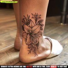 a woman's foot with a flower tattoo on the bottom of her leg,