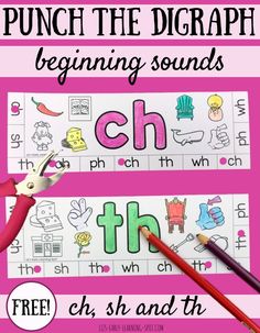 a pair of scissors with the words punch the diagram, beginning sounds and phonics