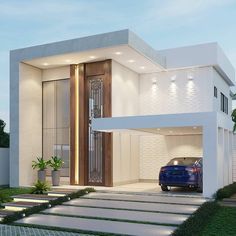 a car is parked in front of a modern house