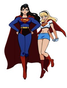 two women dressed as superman and wondergirl standing next to each other in front of a white background