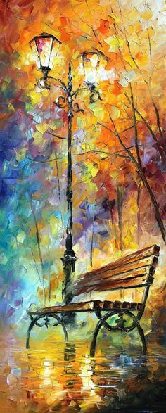 a painting of a park bench in the rain with an umbrella hanging from it's pole