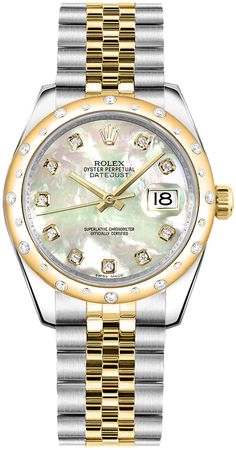 178343 | M178343-0017 ROLEX DATEJUST 31 LUXURY WOMEN'S WATCH Store Display Model (What's This?) - With Manufacturer Serial Numbers - Swiss Made - Mother of Pearl White Dial Set with Diamonds - 18k Yellow Gold Domed Bezel - 24 Diamonds Set on Bezel - Self-winding Automatic Movement - 6 Year Warranty - Guaranteed Authentic - Certificate of Authenticity - Manufacturer Box & Manual - Solid 18k Yellow Gold & 904L Oystersteel Stainless Steel Case & Jubilee Bracelet - Scratch Resistant Sapphire Crystal - 100 Meters / 330 Feet Waterproof - 31mm = 1 1/4" Case, 6" Adjustable Bracelet - Deployment Buckle - Screw Down Crown & Caseback - Free Bracelet Sizing     Also Known As Model # 178341-MOPDJ Gold Diamond Watches, Rolex Women, Oyster Bracelet, Rolex Men, Womens Watches Luxury, Authentic Watches, Rolex Oyster Perpetual, Free Bracelet, Pearl Diamond