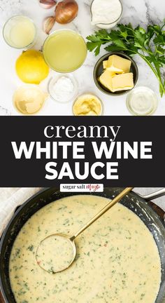 creamy white wine sauce in a skillet with ingredients around it