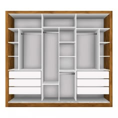 an open closet with drawers and shelves on each side is shown in white, brown and wood