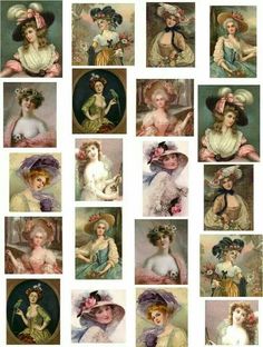 many pictures of women in hats and dresses