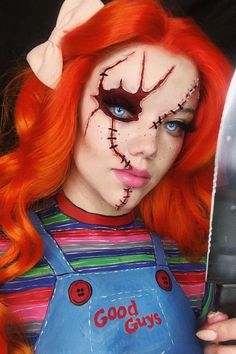 Chuky Doll Makeup, Chucky Makeup Female Glam, Chucky Make Up Woman, Chuky Doll Costume, Chucky Sfx Makeup, Chunky Makeup Halloween, Horror Movie Inspired Makeup, Halloween Chucky Makeup, Halloween Character Makeup Ideas