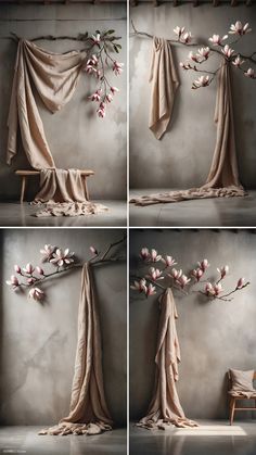 four different shots of flowers hanging from the ceiling and drapes in front of them