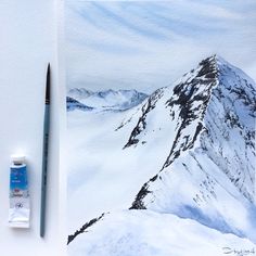 a watercolor painting of a snowy mountain