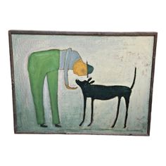 a painting with a person and a dog in front of it on a white background