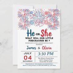 a firework birthday party card with the words he or she, what will our little firecracker be?