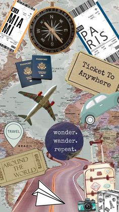 an image of a world map with travel related items