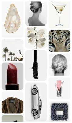 the collage shows different types of items in black and white, including an image of a woman's head