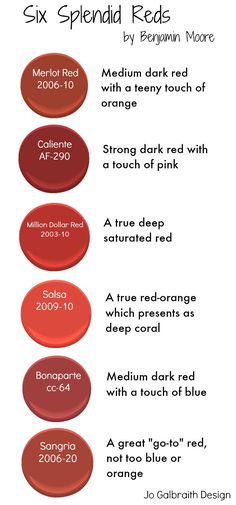 four different shades of red paint with the text, 6 splendid red paint colours medium dark red with a creamy touch of orange