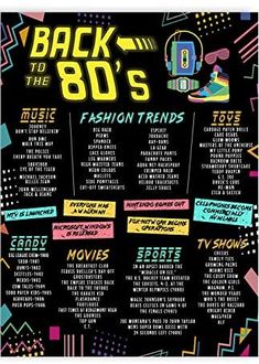 the back to the 80's fashion trend poster is displayed on a black background