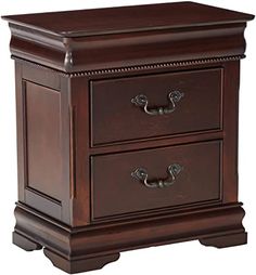 a brown wooden nightstand with two drawers