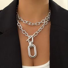 Bold Silver Chain Link Set Of 2 Silver Plated Brand New! Wear Together Or Separately Also Available In Gold Silver Chain Jewelry Aesthetic, Stile Punk Rock, Chunky Choker Necklace, Buckle Necklace, Women Choker Necklace, Thick Chain Necklace, Night Train, Chunky Chain Necklaces, Style Goals