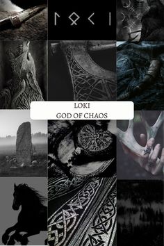 a collage of different images with the words loki god of chaos written in black and white