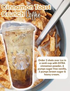 an advertisement for cinnamon toast crunch coffee in a cup with extra cinnamon power and sugar