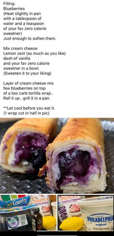 the recipe for blueberry cheese danish roll is shown in three different pictures and includes ingredients