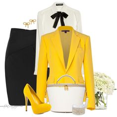 "* Sunshine Yellow & Black *" by hrfost1210 on Polyvore Yellow Blazer Outfit Classy, Black And Yellow Outfit Classy, Luxury Yellow Outerwear For Work, Black Women Wearing Yellow, Yellow Chic Blazer, Yellow Shirt, Yellow Fitted Elegant Blazer, White Outfits For Women