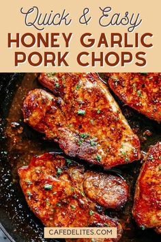 honey garlic pork chops in a skillet with text overlay