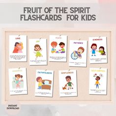 the fruit of the spirit flashcards for kids are displayed in front of a wooden frame