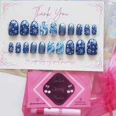 If you don't have a winter Wonderland yet, you can have one on your hands! This set of 20 nails, 2 of each size, lets you get a perfect fit without the time of the shipping kit. These are gel polish with hand painting and decals, and include a prep kit with alcohol pads, cuticle pusher, file, glue and adhesive tabs. Application and prep instructions are included on the back of the card, and if you choose to use adhesive they are reusable! Nails Blue And White, Press On Nails Blue, Alcohol Pads, How To Remove Glue, Cherry Nails, Nails Blue, Cuticle Pusher, White Snowflake, Hand Painting