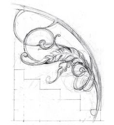 a pencil drawing of an ornamental design on the side of a building, with leaves and swirls