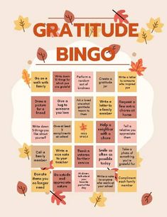 a poster with words and pictures on it that say,'gratitude bingo '