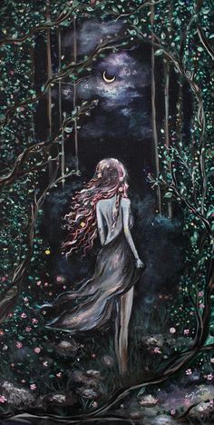 a painting of a woman standing in the woods with her hair blowing in the wind