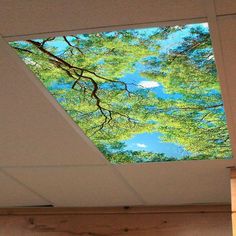 the ceiling is covered with green trees and blue sky